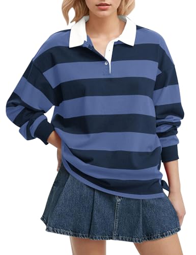 Lenader Women Long Sleeve Striped Polo Shirt Oversized Collar Y2k Pullover T Shirt Casual Loose Streetwear Rugby Sweatshirt Navy-Grey