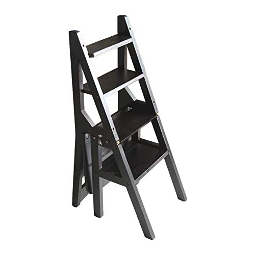 Escalera plegable de madera maciza LUNEZY con taburete de 4 pasos en color nogal oscuro 2