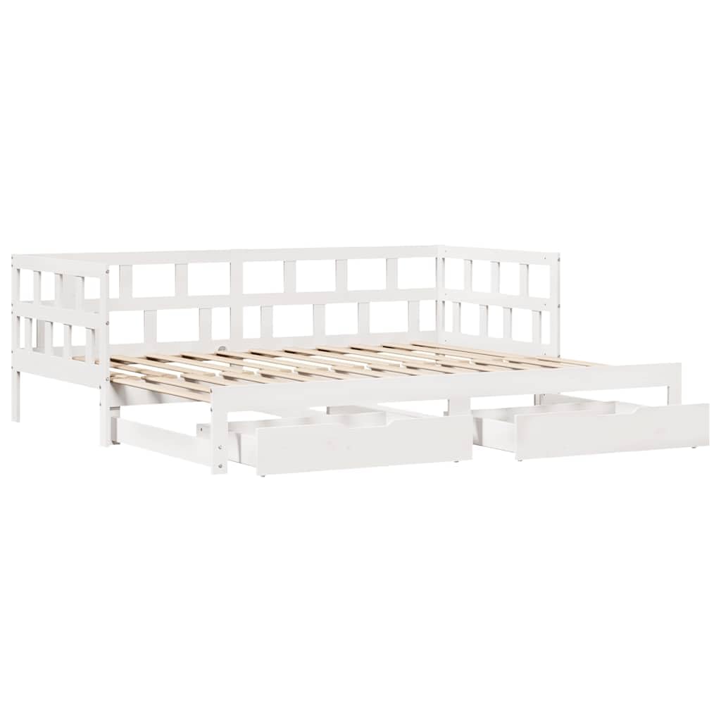 Rozkładane łóżko dzienne z litego drewna sosnowego, sofa 2 w 1 z 2 szufladami do przechowywania, biała rama łóżka 90 x 200 cm, uniwersalny mebel bez materaca, pokój gościnny i salon