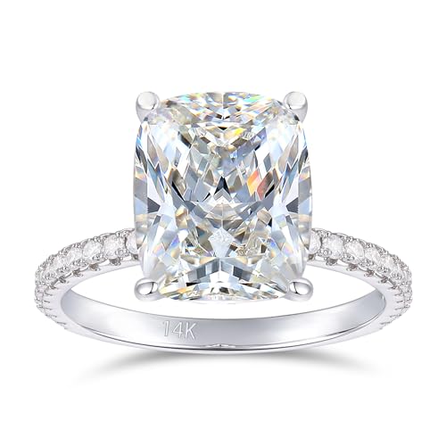 14K Gold Moissanite Engagement Rings, 4CT Elongated Cushion Cut Moissanite Rings, Classic 4-Prong White Gold Moissanite Engagement Rings for Women