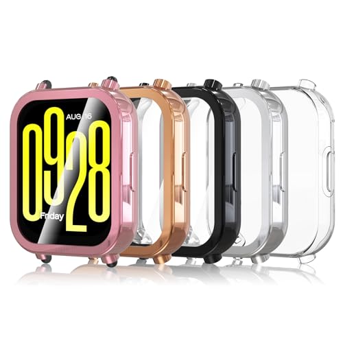 Simpeak 5 Piezas Funda Compatible con Xiaomi Redmi Watch 5 Active, Slim Suave TPU Protector de Pantalla Ligero Anti-Arañazos, Negro/Transparente/Plata/Oro Rosa/Rosado