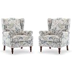 Bezseller Wingback Floral Accent Chairs Set of 2 Upholstered Fabric High Back Arm Chair Leisure Single Sofa Club Chair with Wood Legs Armchair for Living Room Bedroom Home Office Blue Floral