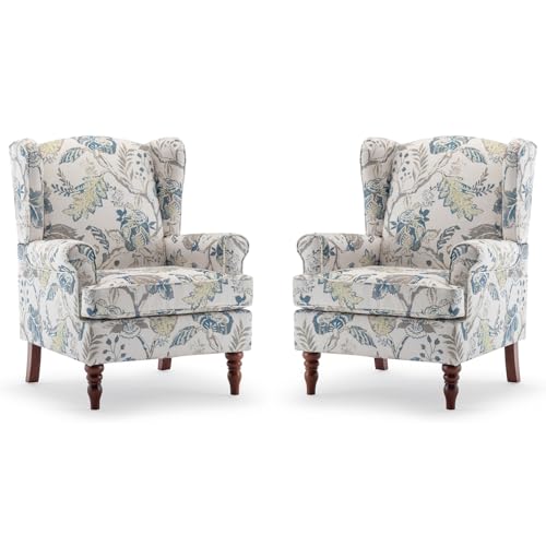 Bezseller Wingback Floral Accent Chairs Set of 2 Upholstered Fabric High Back Arm Chair Leisure Single Sofa Club Chair with Wood Legs Armchair for Living Room Bedroom Home Office Blue Floral