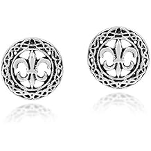 AeraVida Vintage Fleur De Lis or French Lily .925 Sterling Silver Stud Earrings | Celtic Frame Dainty Intricate .925 Silver Jewelry for Women