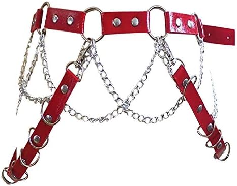 Women Faux Leather Harness Garter Belt Adjustable Waist Leg Body Caged with Punk Metal Chain(YL-02Red)