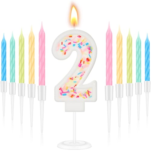 MTLEE Number 2 Happy Birthday Candle with Sprinkles 3D Number Cake Topper with 10 Long Thin Rainbow Spiral Candles for Girls Women Anniversary Wedding Birthday Party Decor