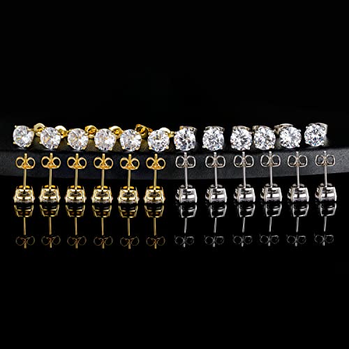 MDFUN Hypoallergenic CZ Stud Earrings Set for Women/Men,6 Pairs 18K Gold Plated Round 3-8mm Clear Cubic Zirconia Earring Pack Jewelry Gift3