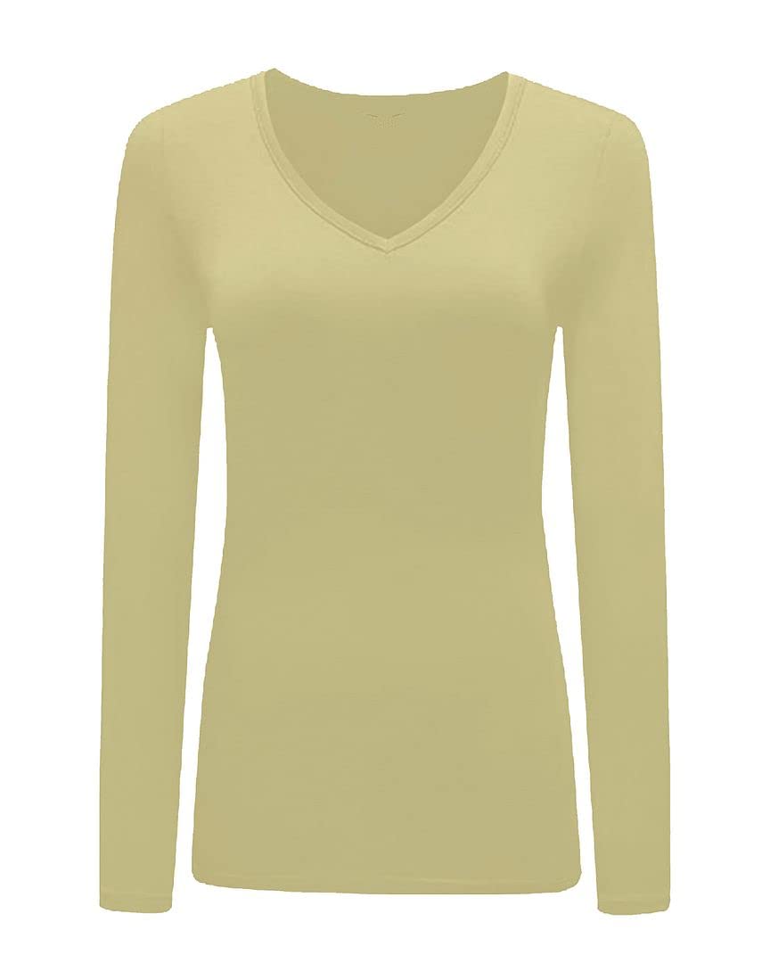 KATSSI Women’s Ladies Long Sleeve Stretch Plain V Neck T Shirt Top Beige