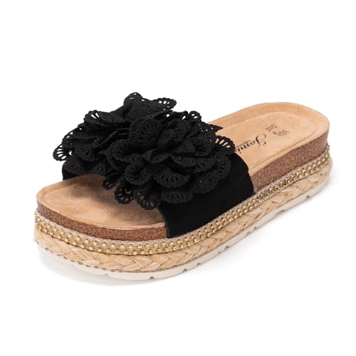 JOMIX Womens Platform Sandals with Flowers Comfortable Elegant Cork Slippers Slip On Espadrille Shoes for Outdoor Indoor, WCF250334, Black, 5 UK