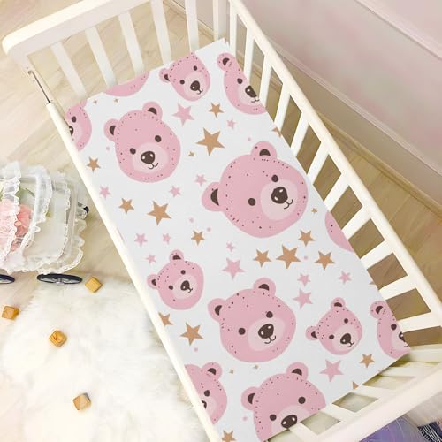 Image of Pink Bears Stars Crib Sheets Stretchy Portable Sheets for Baby Toddler Breathable Soft Crib Mattress Sheet for Girls Boys