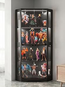 FUFU&GAGA ガラスケース 棚 4段 ショーケース 扉付き タッチセンサーLEDライト付き 木製 コレクションシェルフ 幅60cm ディスプレイラック コーナーキャビネット 防塵 おしゃれ リビング収納 ブラック インテリア