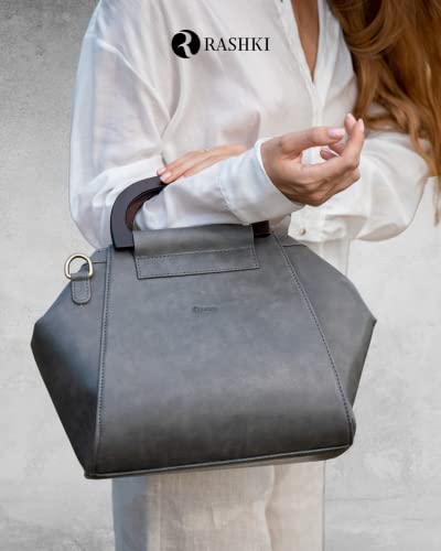 Image of RASHKI UNICA - Womens Vegan Leather Handbag | Spacious Compartment | Real Wood Handle | Detachable and adjustable Shoulder Strap | Zipper closure and magnetic button