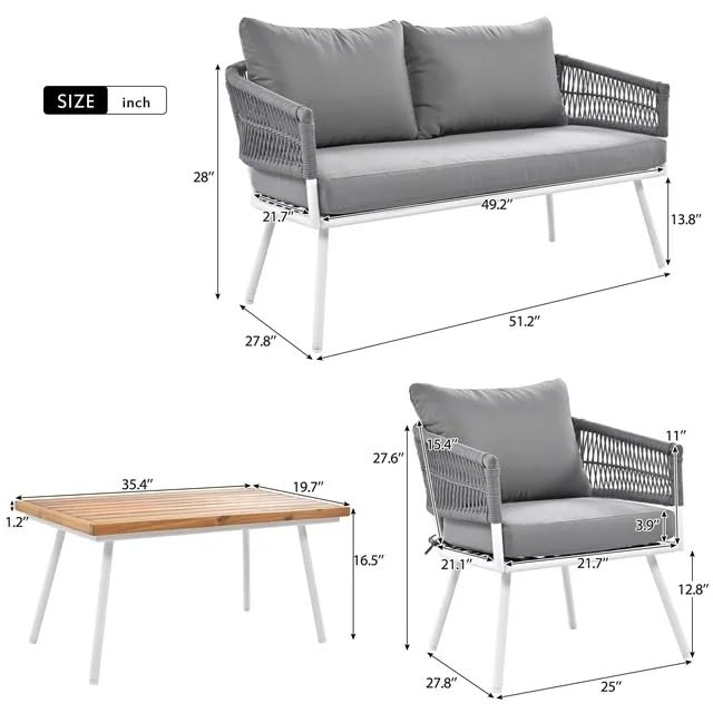 Image of 4 Outdoor Sofa Garden Balcony Sofa Patio Conversation Sofa Set with Coffee Table Wood Top for Living Room Lown Pool Rope Outdoor Chair Set-with-Wood-Table-for-Backyard(Grey)