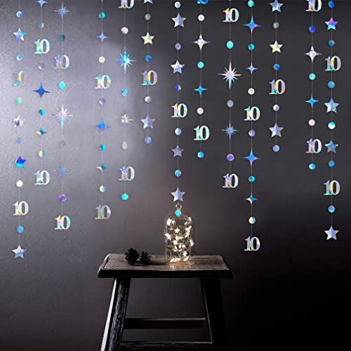 Image of Iridescent 10th Birthday Decorations Number 10 Circle Dot Twinkle Star Garland Metallic Hanging Streamer Bunting Banner Backdrop for Girls Boys Ten Year Old Birthday 10th Anniversary Party Supplies