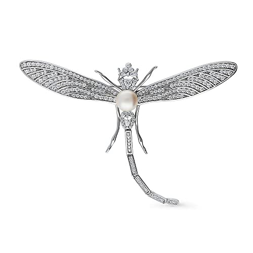 Image of BERRICLE Sterling Silver Dragonfly Button Freshwater Cultured Pearl Fashion Brooch Pin for Women (Yellow Gold Flashed, Rhodium Plated)