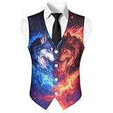 Suhoaziia Fire Flame Wolf Mens Suit Vests Business Formal Dress Waistcoat Outdoor Party Dinner Tuxedo Suit Vest with Pockets Sleeveless Work Casual Blazers 2025 Fall Fashion Outfits