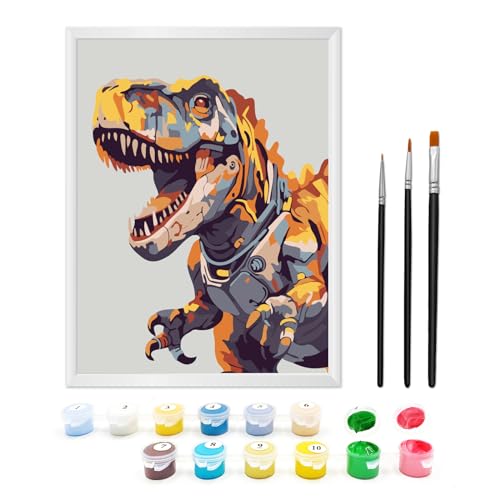 Zimrobin Peinture Par Numéros à partir de 7, 8, 9 Ans, Fille et Garçon, Peinture Par Numéros pour Enfants avec Cadre, 3 Pinceaux et Peintures Acryliques, 18 x 24 cm (Dinosaures Rugissants)