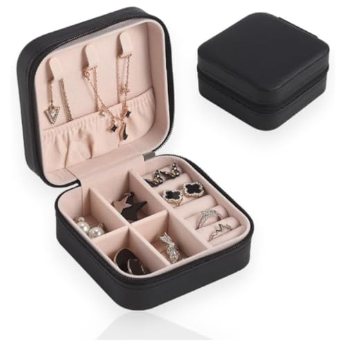 Porta Joias Compacto Portátil com Zíper Estojo Organizador de Joias para Viagem Anéis Colares e Brincos (Preto)
