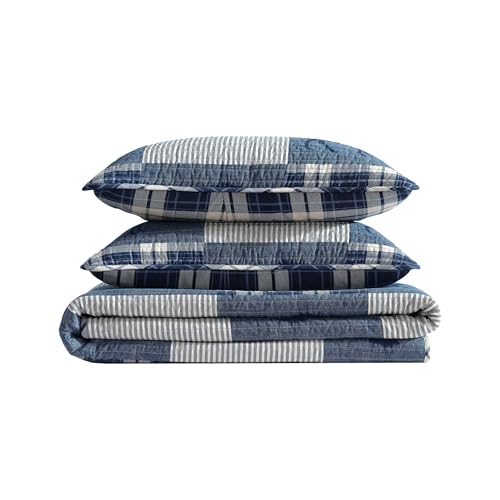 Eddie Bauer - Queen Quilt Set, Naturally Soft Cotton Bedding w/a Lightweight Feel for All-Year Comfort, Reversible w/Matching Pillowcases, 3 Piece Bed Set (Moose Plaid/Pinstripe/Patchwork Blue) by Eddie Bauer - Used condition - Image 8