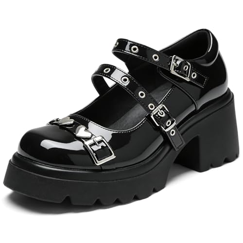 MEOTINA Mary Janes with Heart Buckle & Chunky Heels Black