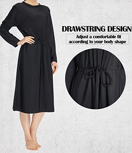 alvon Women Modest Swim Dress Knee Length Swimsuits Cover Ups UPF 50+ Sun Protection Long Sleeve Drawstring Black XL2