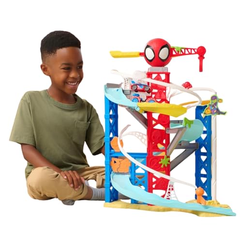 Image of Jazwares Marvel Spidey and His Amazing Friends Construction Zone Chaos Track Set - 2-Foot High Dual Race Track with Zip Line, Play Zones, and Exclusive Vehicles