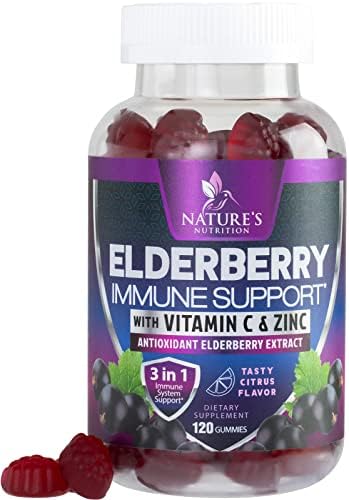 Immune Support Gummies with Elderberry, Zinc & Vitamin C, Nature's Max Potency Natural Vegan Immune Support Supplement for Adults & Children, Sambucus Black Elderberry Extract Gummy - 120 Gummies