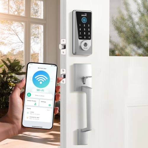 Image of DESLOC Smart Lock D110 Plus, WiFi Fingerprint Smart Front Door Lock with Touchscreen Keypad, App Remote Control, Auto Lock, Keyless Entry Deadbolt, Silver, Deadbolt Handle Set