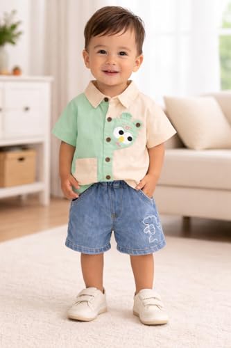 Image of Bold N Elegant Kids Summer Cotton Half Sleeve Dinosaur Collar Shirt n Denim Shorts for Infant Toddler Boys Smart Casual Clothing Set