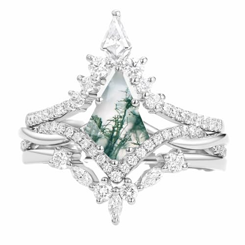 3PCS Natural Moss Agate Wedding Ring Set for Women with Moissanite 1CT Center Kite Cut Natural Moss Agate Ring Set Vintage Engagement Ring Set 925 Sterling Silver 10K 14K 18K Gold