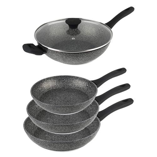 Salter Megastone Frying Pan & Wok Set – 10 x Tougher Non-Stick, Long Lasting Forged Aluminium, Induction Compatible, Dishwasher Safe, PFOA-Free, 24/28/30cm Omelette Fry Pans and 28 cm Wok