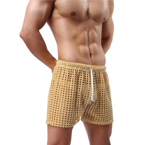 Men's Fishnet Shorts See Through Mesh Loose Trunks Hollow Workout Lounge Boxer Short Drawstring Swim Short Bottom3