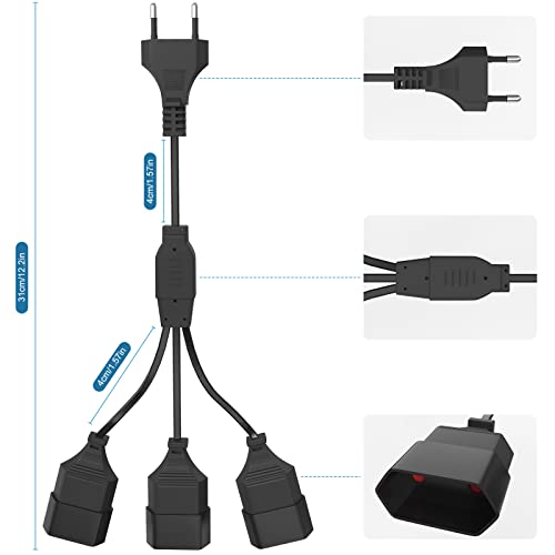 Verlängerungskabel 3-Fach Eurostecker, [2 stück] Euro Verlängerung Kurzes Netzkabel, 3-in-1 Stromkabel Dreifach Typ-C-Stecker, 0,75 mm² Max.2,5A/250V für TV PC Computer Monitor Beamer, Schwarz