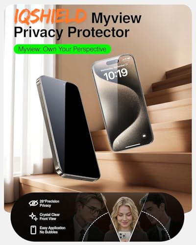 Image of IQShield My-View Privacy Screen Protector Tempered Glass Guard for iPhone 15 Pro, 9H Hardness, 2-Way Anti-Spy, Case Friendly [1 Pack]
