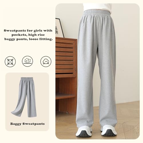 Girl's Wide Leg Sweatpants Baggy Straight Loose Sweat Pants High Waist Causal Kids Athletic Pants with Pockets 6-14Y3