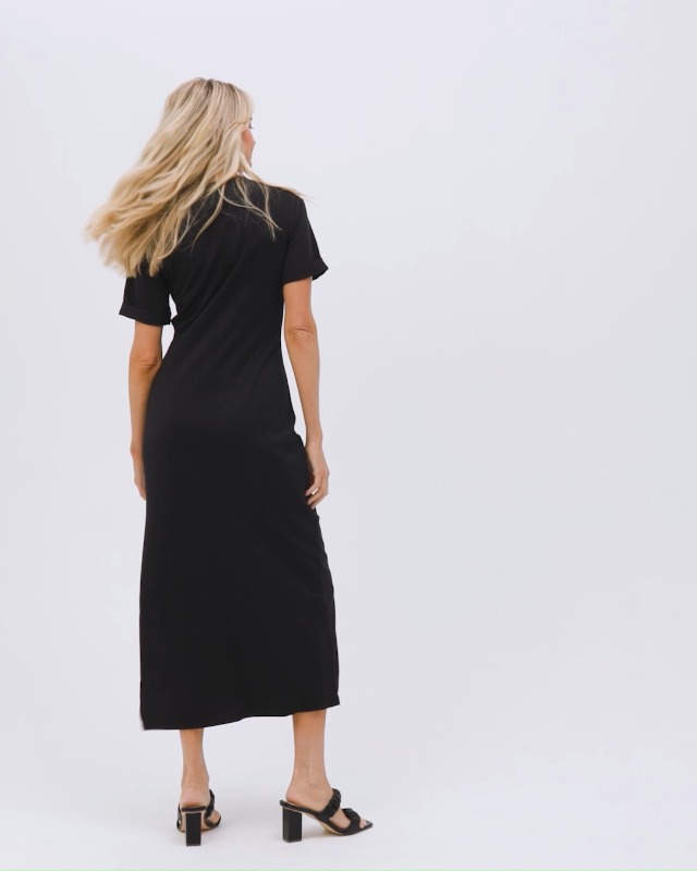 L*Space Drew Dress for Women, Twist Front Midi Dress Featuring Short,  Cuffed Sleeves, Relaxed Fit & Leg Slit, Everyday Dress, Black, XS at Amazon  Women's Clothing store