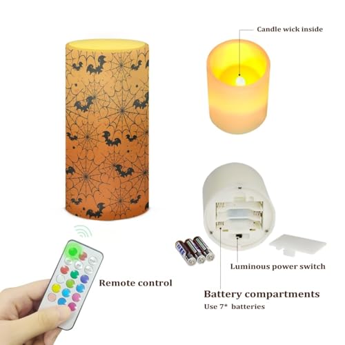 Image of Poceacles Spider Web Bat Orange Gradient Halloween Flameless Candle Electric LED Lights with Timer Remote Color Lights, 3 AAA Batteries Operated (Not Include) Tealight for Home Indoor Decor