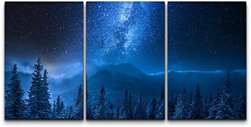 wall26 Canvas Print Wall Art Set Neon Blue Milky Way Forest Tree Astronomy & Space Nature Digital Art Sci-Fi & Fantasy Decorative Landscape for Living Room, Bedroom, Office - 16"x24"x3 Panels