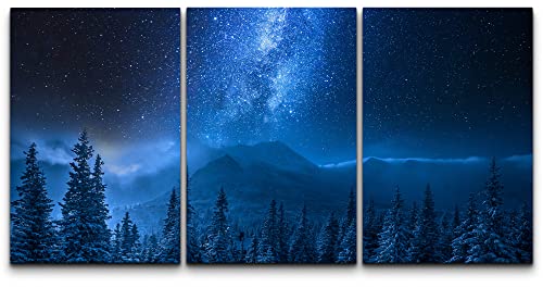 Wall26 Canvas Print Wall Art Set Neon Blue Milky Way Forest Tree Astronomy & Space Nature Digital Art Sci-Fi & Fantasy Decorative Landscape For Living Room, Bedroom, Office - 16"X24"X3 Panels #TOP3