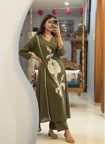 Image of ANNI Designer Women Rayon Viscose Straight Embroidered Kurta with Pant and Dupatta | 3 /4 Sleeve | V-Neck | Ethnic Kurta Set for Women