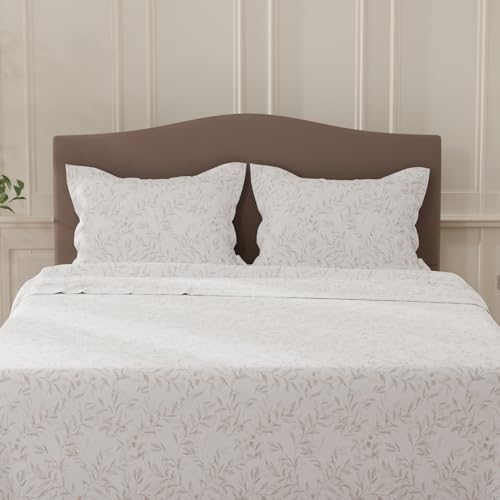Image of Layers 100% Cotton Bedsheet for Double Size Bed | Lumina Floret Collection | 144 TC Soft & Breathable | Floral Print with 2 Pillow Covers | Wrinkle Free | 3 Piece Bedding Set - White & Brown