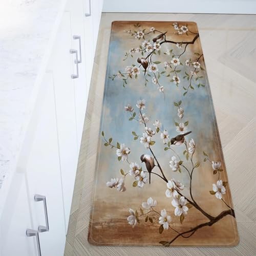 Alfombra de baño de pájaros con flores para puerta de entrada y dormitorio de 60x220cm 2