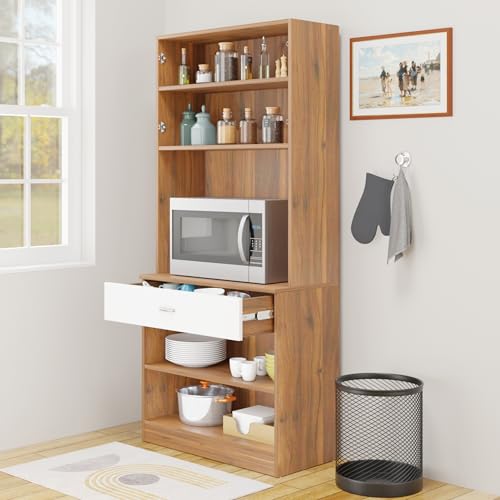 Image of VIKI Furniture | Kitchen Cabinet - Drawer with Doors & Open Shelves, Organizer for Kitchen, Bedroom, Hallway & Living Room (Brussel Walnut & Frosty White - 40D x 80W x 180H cm) | 1 Year Warranty