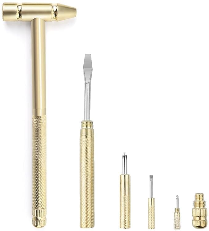 Mini Multifunction Hammer, 6 in 1 Tiny Hammer & Screwdriver, Multifunctional Hand Repairing Tools for Watchmaker Jewelers and Eating Walnuts (Gold)-image-20