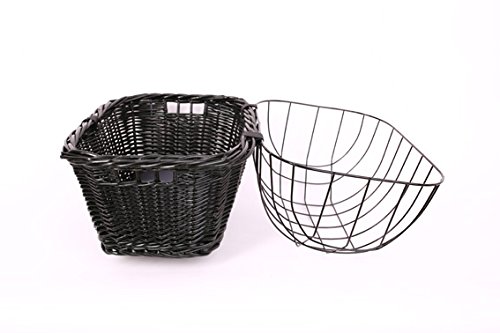 Tigana - Hundefahrradkorb für Gepäckträger aus Weide mit Gitter 44 x 34 cm Eckig Schwarz (S-S) (mit Kissen)