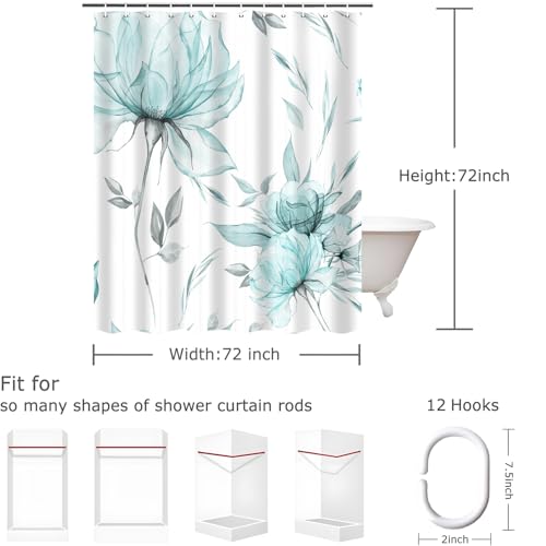 Aeyadis Teal Grey Watercolor Floral Shower Curtain, Flower Leaves Minimalist Aesthetic Art Shower Curtains for Bathroom Sets Decor, Waterproof Polyester Cloth Fabric with 12 Hooks,72x72 Inch by Aeyadis - Used condition - Image 7