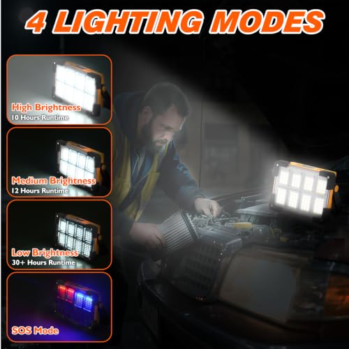 Image of 2 Pack Solar Rechargeable Work Light, 144 LED Led Work Light | Portable Flood Light with Stand, IP66 Waterproof Outdoor Working Light with 4 Modes for Emergency Mechanic Camping Repair