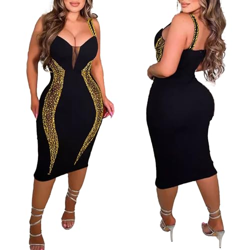 Image of PORRCEY Women's Sexy Elegant Rhinestone Bodycon Dress Hot Drilling Clubwear