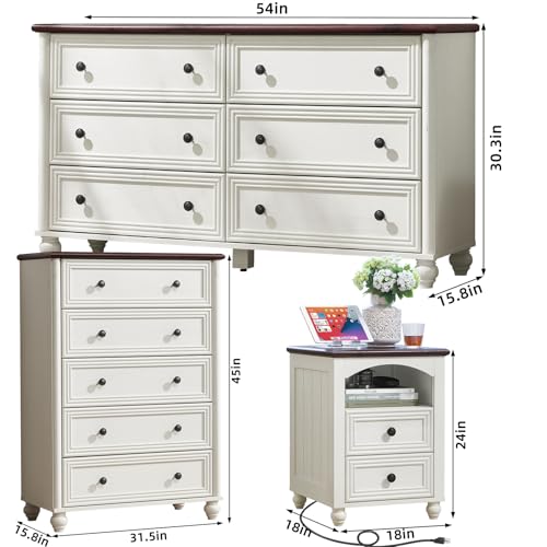 Farmhouse Dressers & Night Stand Set of 4, Wood 54\" Wide Dresser & 45\" Tall Chest of Drawers, 18\" with Charging Station Nightstand Set of 2, Bedroom Furniture Dresser Set for Home Living Room Hallway - Thumbnail 3