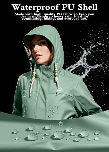 EnduaReve Regenmantel Damen Übergangsjacke PU Wasserdicht Frauen Regenjacke Lang Parka Regenparka mit Kapuze Outdoor grün L